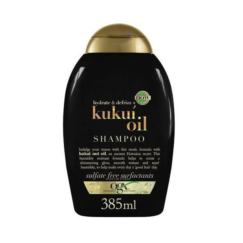 Schwarze Shampoo-Flasche mit goldfarbenem Deckel. Aufschrift: Kukui Oil Shampoo. Volumen: 385ml.