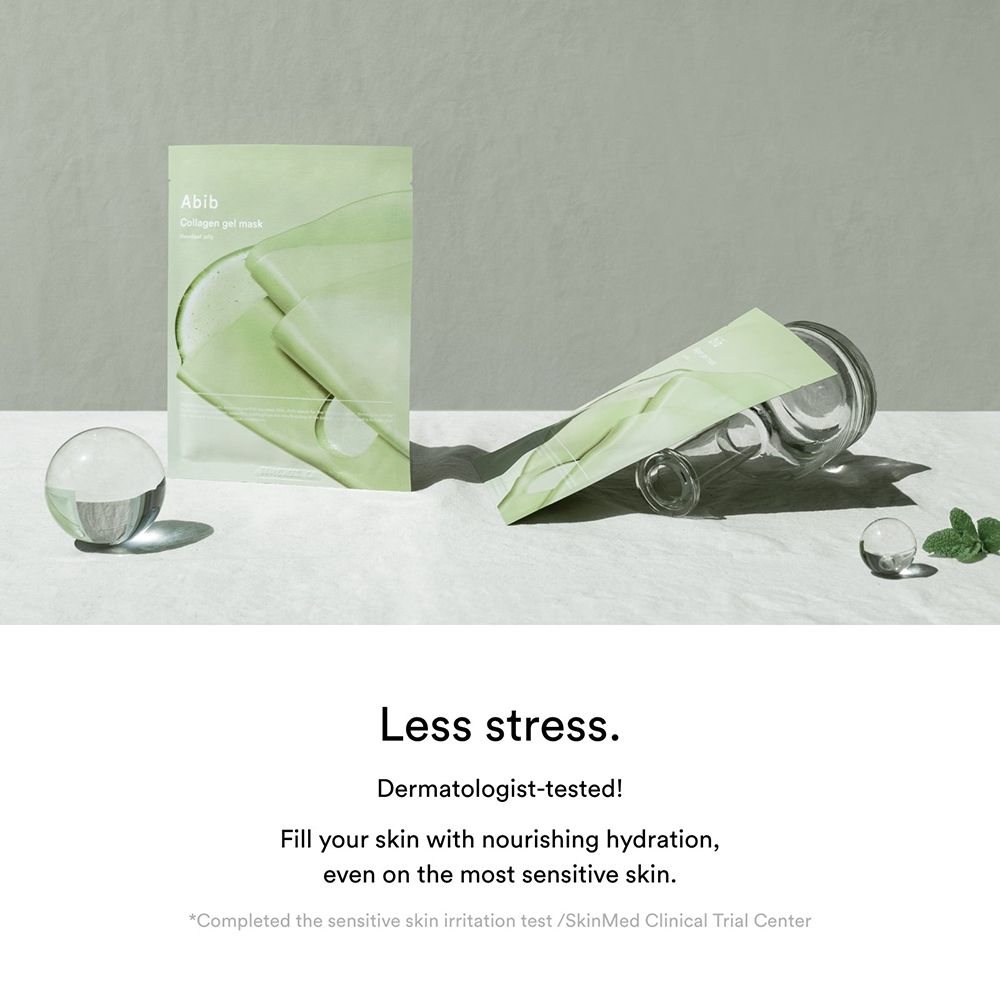 Produktverpackung, Glaskugel, Blätter. Text: Less stress. Dermatologist-tested! Fill your skin...sensitive skin.