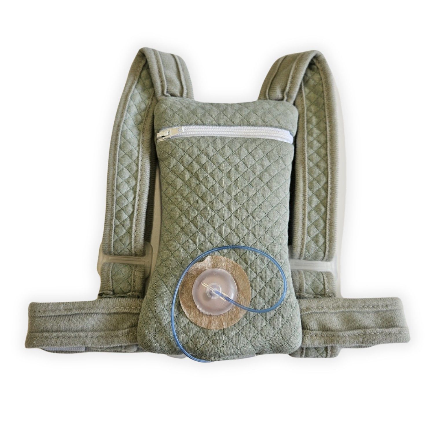 Grüner Rucksack mit Schultergurten und Reißverschlussfach. Insulinpumpe mit Schlauch sichtbar.