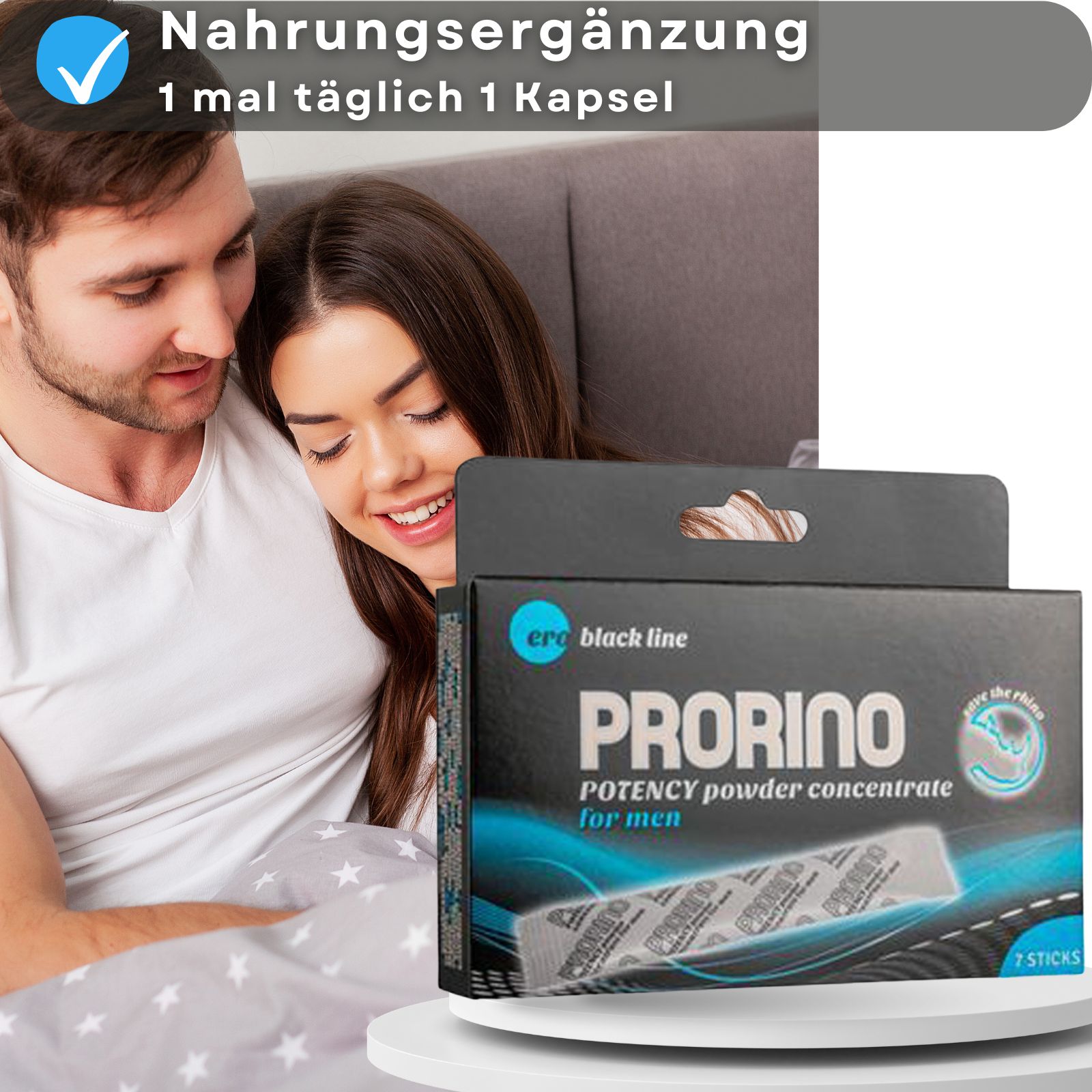 Produktverpackung PRORINO. Text: Nahrungsergänzung, 1 mal täglich 1 Kapsel. Paar im Bett.