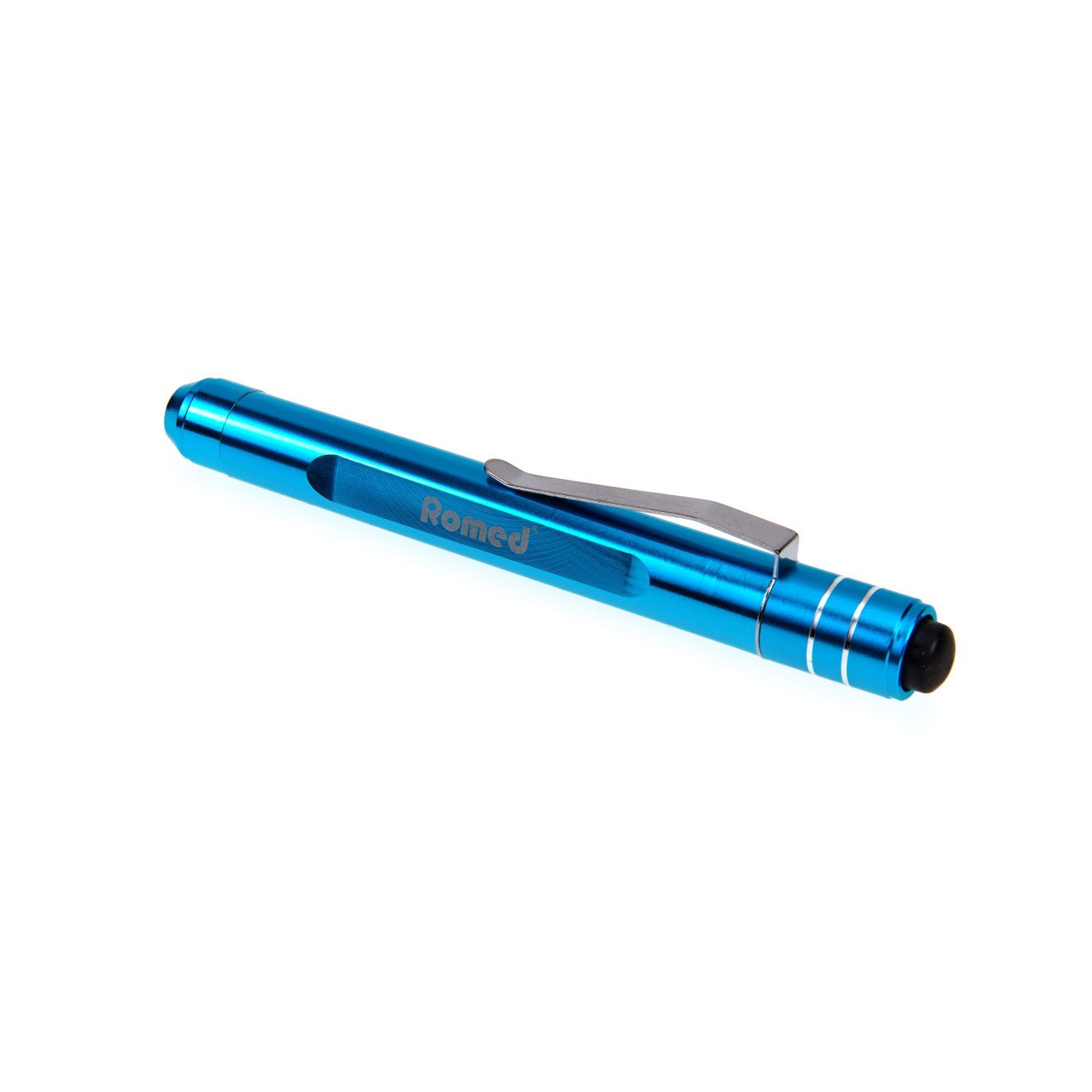 Blaue Romed Diagnostikleuchte Penlight deLuxe mit silbernem Clip, Nahaufnahme.