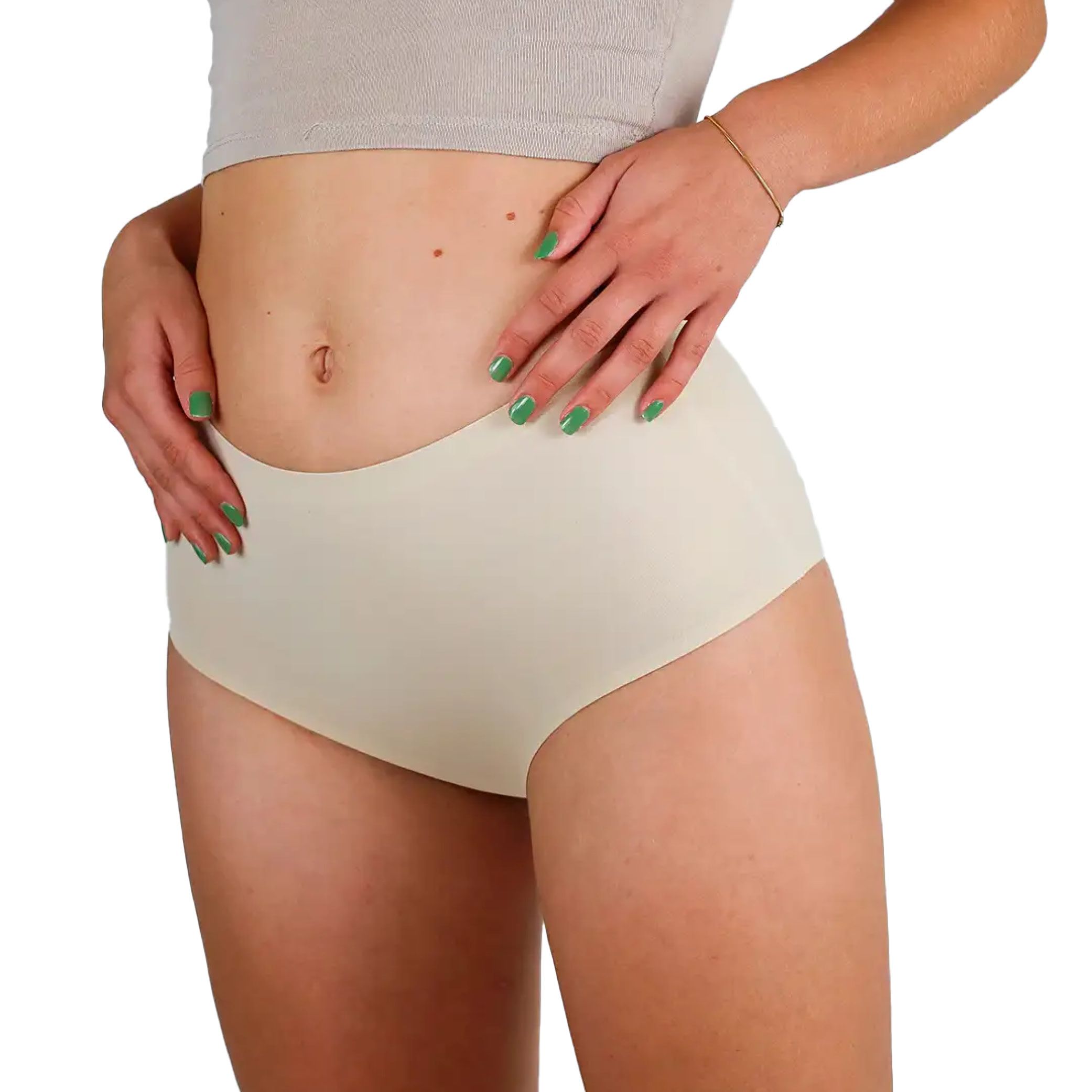 Vorderansicht einer hautfarbenen High Waist Periodenunterwäsche aus nahtlosem Material.