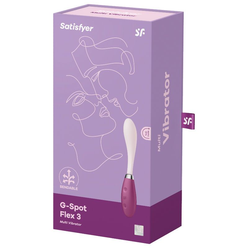 Verpackung mit Vibrator-Abbildung. Marke „Satisfyer“ und Produktname „G-Spot Flex 3“.