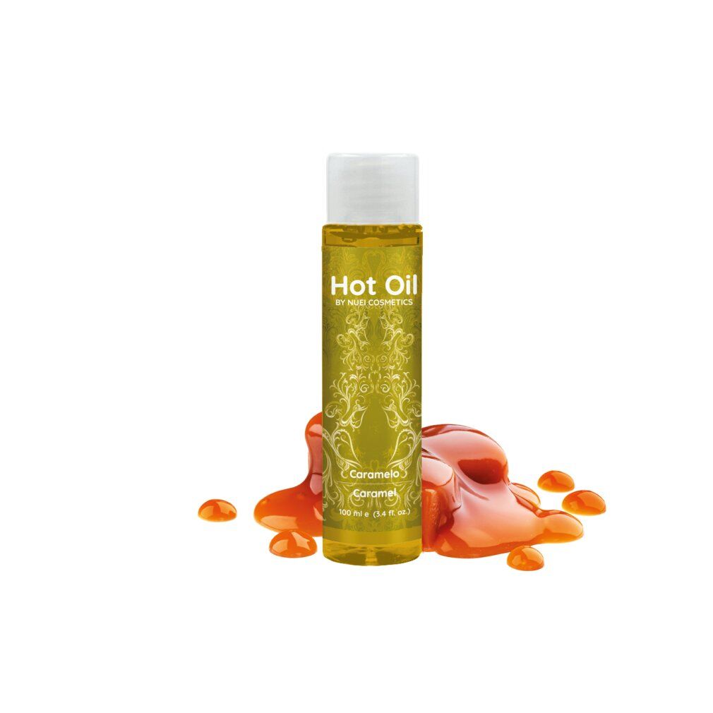 Zylindrische Flasche mit Öl und weißem Deckel, daneben orangefarbene Flüssigkeit. Aufschrift: Hot Oil, Caramel, NUEI cosmetics.