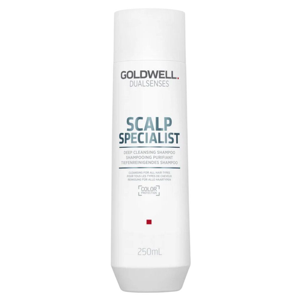 Weisse Shampoo-Flasche. Text: Goldwell Dualsenses, Scalp Specialist, Deep Cleansing Shampoo, 250ml.