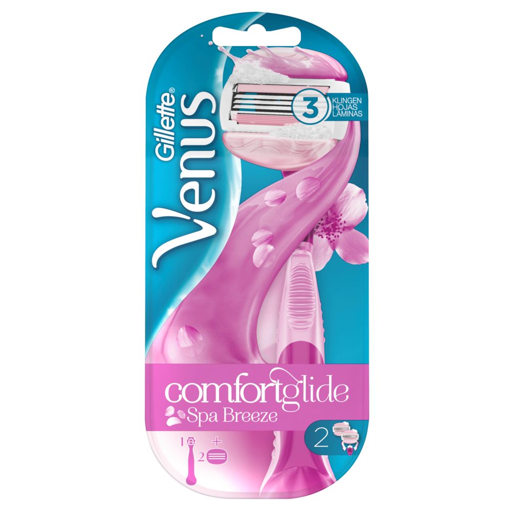 Gillette Venus Comfortglide Spa Breeze Nassrasierer in Verpackung. Rosa Griff, blaue Verpackung, 3 Klingen.