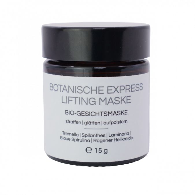 Glas mit schwarzem Deckel. Aufschrift: Botanische Express Lifting Maske. Bio-Gesichtsmaske. Inhalt: 15g.