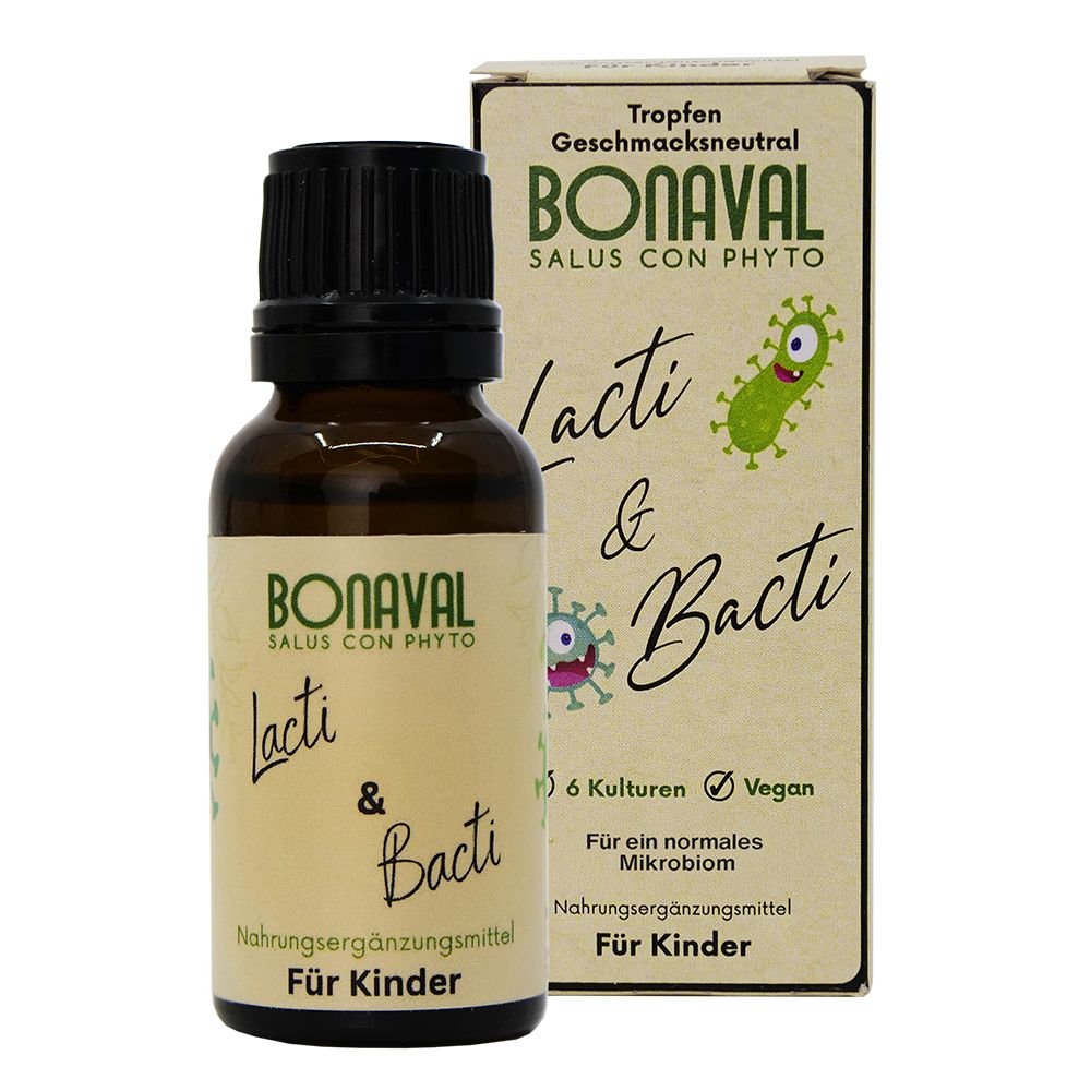 Braune Tropfenflasche mit Karton. Aufschrift BONAVAL Lacti & Bacti, Nahrungsergänzungsmittel für Kinder. Enthält 6 Kulturen.