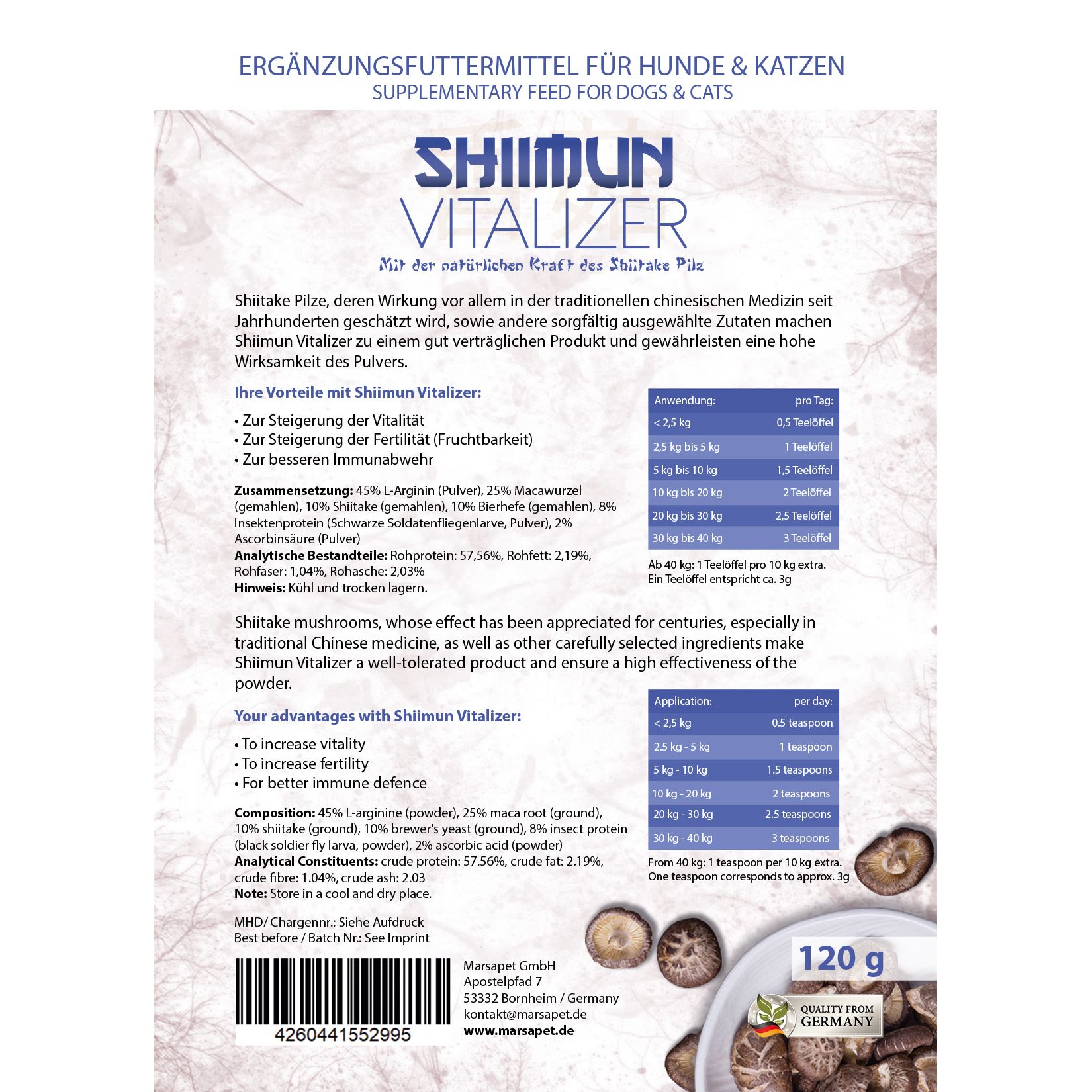 Rückseite einer Verpackung mit Shiimun Vitalizer. Enthält Informationen zu Inhaltsstoffen, Dosierung und Anwendung. Mit dem Hinweis "Hergestellt in Deutschland".