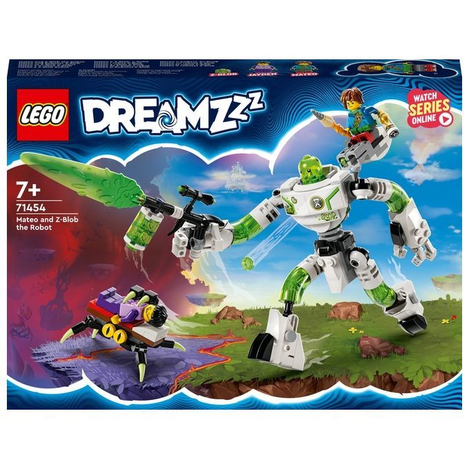 Set LEGO DREAMZzz 71454. Il robot Z-Blob, bianco e verde, con le minifigure di Mateo e Jayden. Sulla confezione è indicato "7+". Il set mostra un robot con una spada verde e un piccolo veicolo a forma di ragno.
