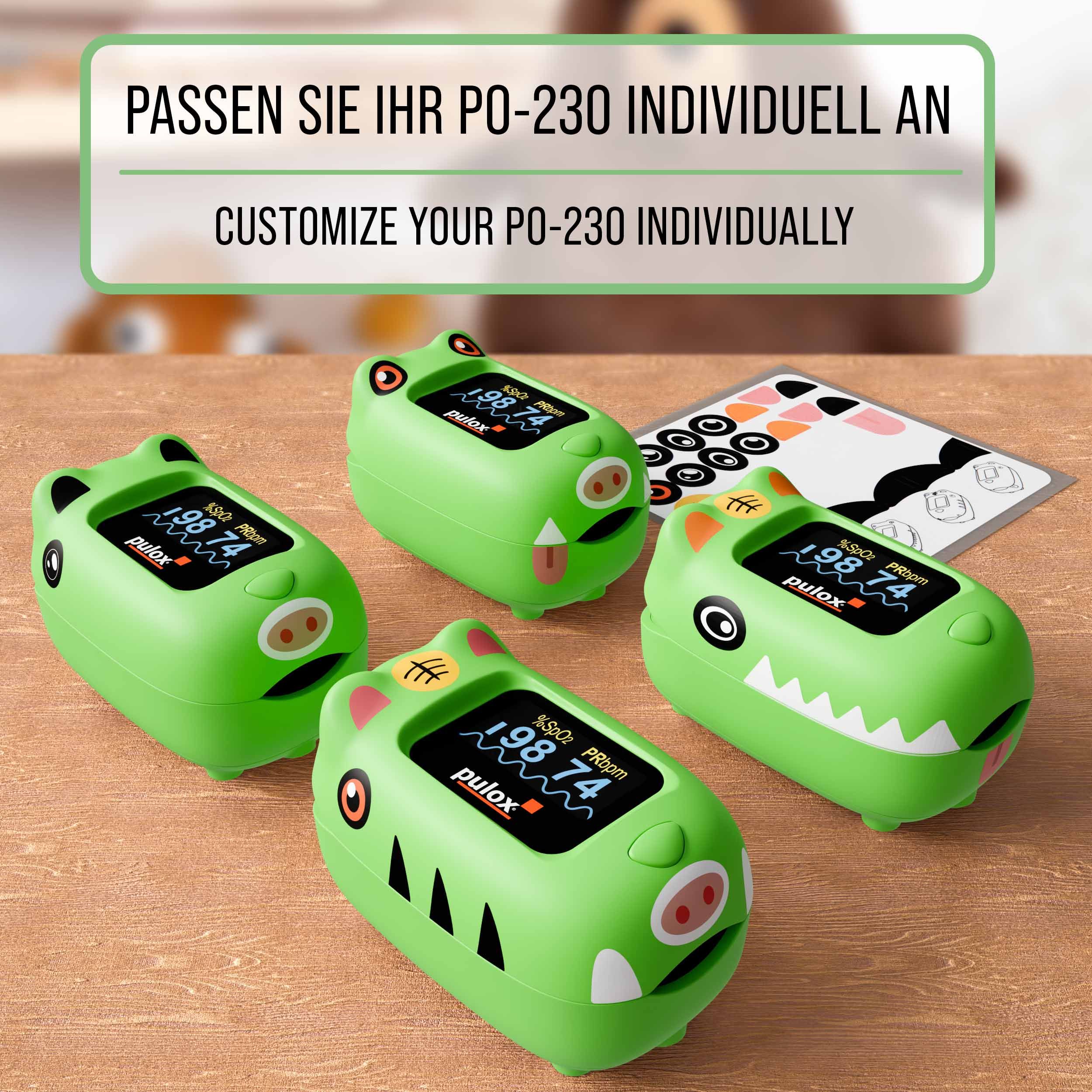 Vier grüne Pulsoximeter mit verschiedenen Designs. Aufkleberbogen. Text: Pulox, LCD-Anzeige mit Werten.