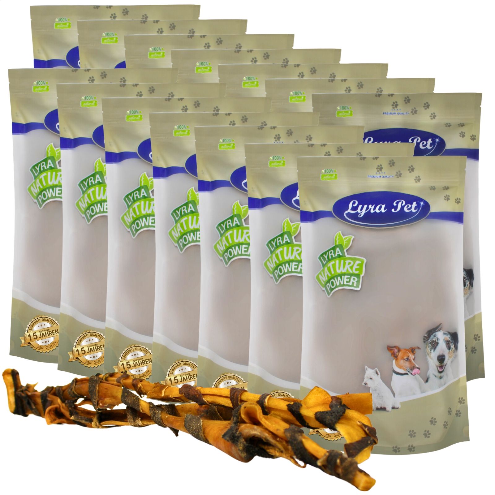 Mehrere Packungen Lyra Pet® Rinderkopfhautstangen mit Pansen, mit Hundemotiven und Siegeln.