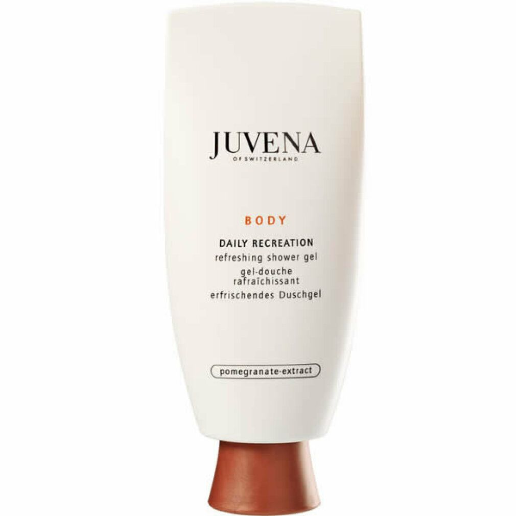 Weißer Flakon mit braunem Verschluss. Aufschrift: Juvena, Body, Daily Recreation, Refreshing Shower Gel.