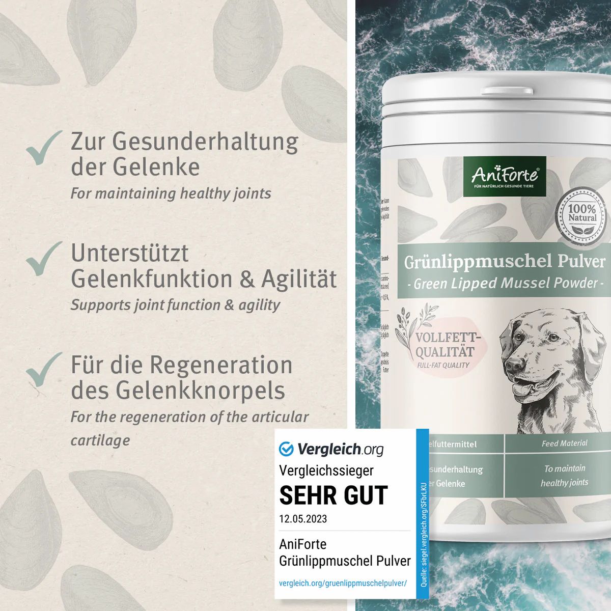 Weiße Dose mit Grünlippmuschel Pulver. Logo AniForte. Aufdruck: 100% Natural, Vollfett-Qualität. Hund auf der Dose. Siegel: Sehr Gut. Text: Zur Gesunderhaltung der Gelenke.