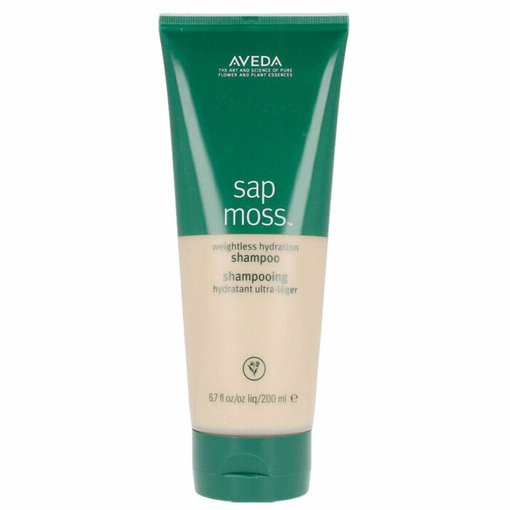Aveda Shampoo. Grün-beiger Tubenbehälter. Text: Sap Moss, weightless hydration shampoo, Shampooing Hydratant ultra-léger. Marke Aveda.