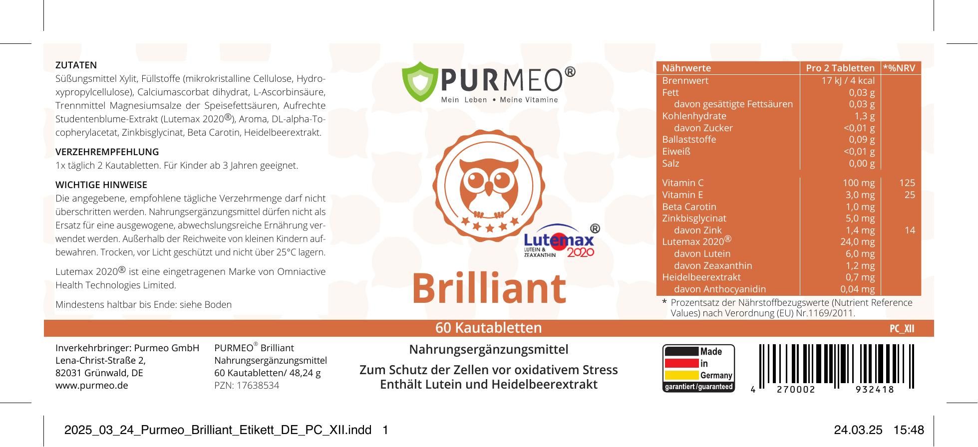 Etikett mit Produktinformationen. Enthält PURMEO Brilliant, 60 Kautabletten. Zutaten, Nährwertangaben, Herstelleradresse und Logo.
