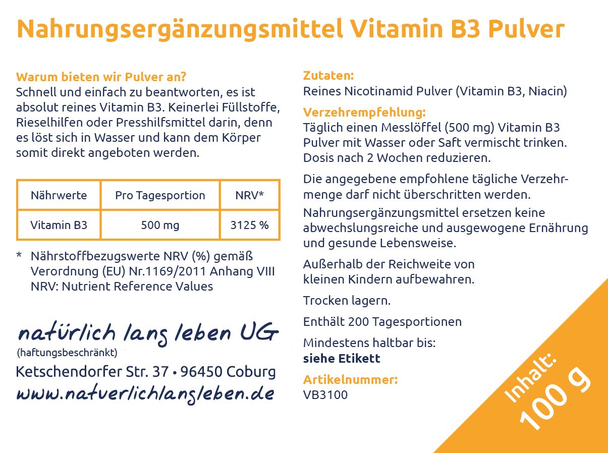 Rückseite einer Produktverpackung mit Text. Enthält Informationen zu Inhaltsstoffen, Dosierung und Nährwerten. Marke: natürlich lang leben.