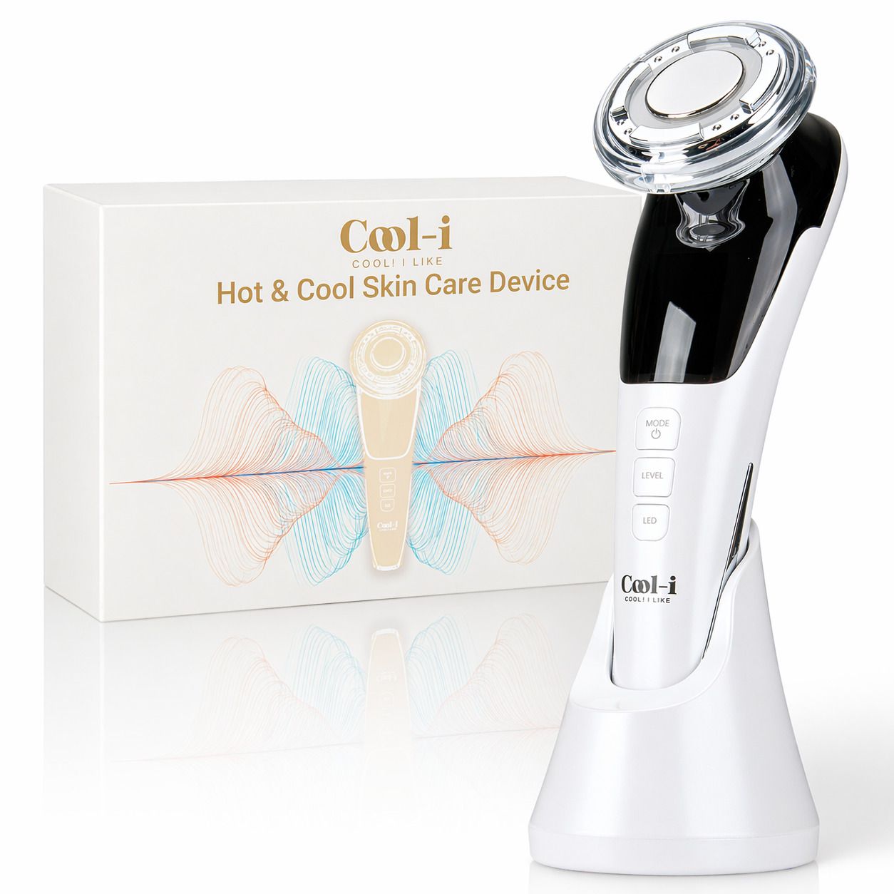 Weiß-schwarzes Hautpflegegerät mit Ladestation und Verpackung. Aufschrift: COOL-i, Hot & Cool Skin Care Device.