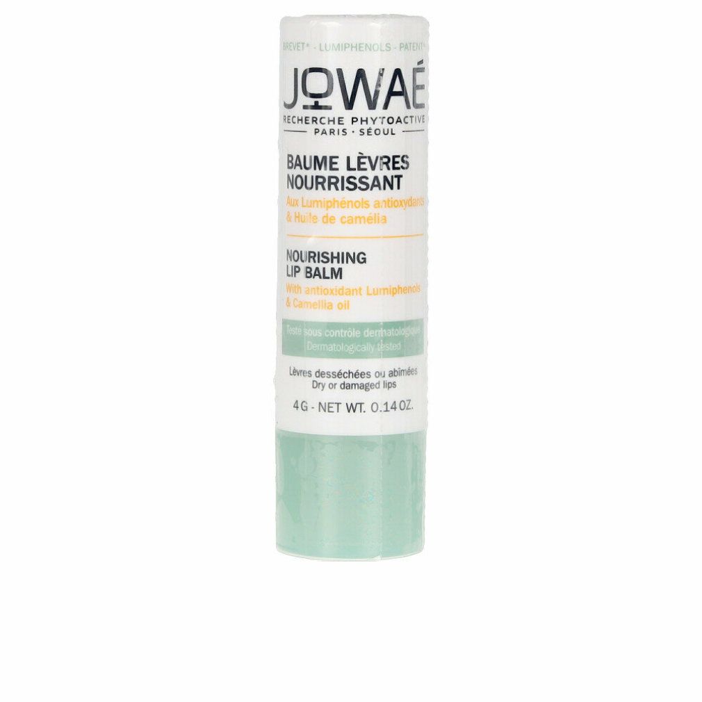 Lippenbalsam-Stift mit weißem Deckel und grünem Unterteil. Produktname und Inhaltsstoffe sind aufgedruckt.