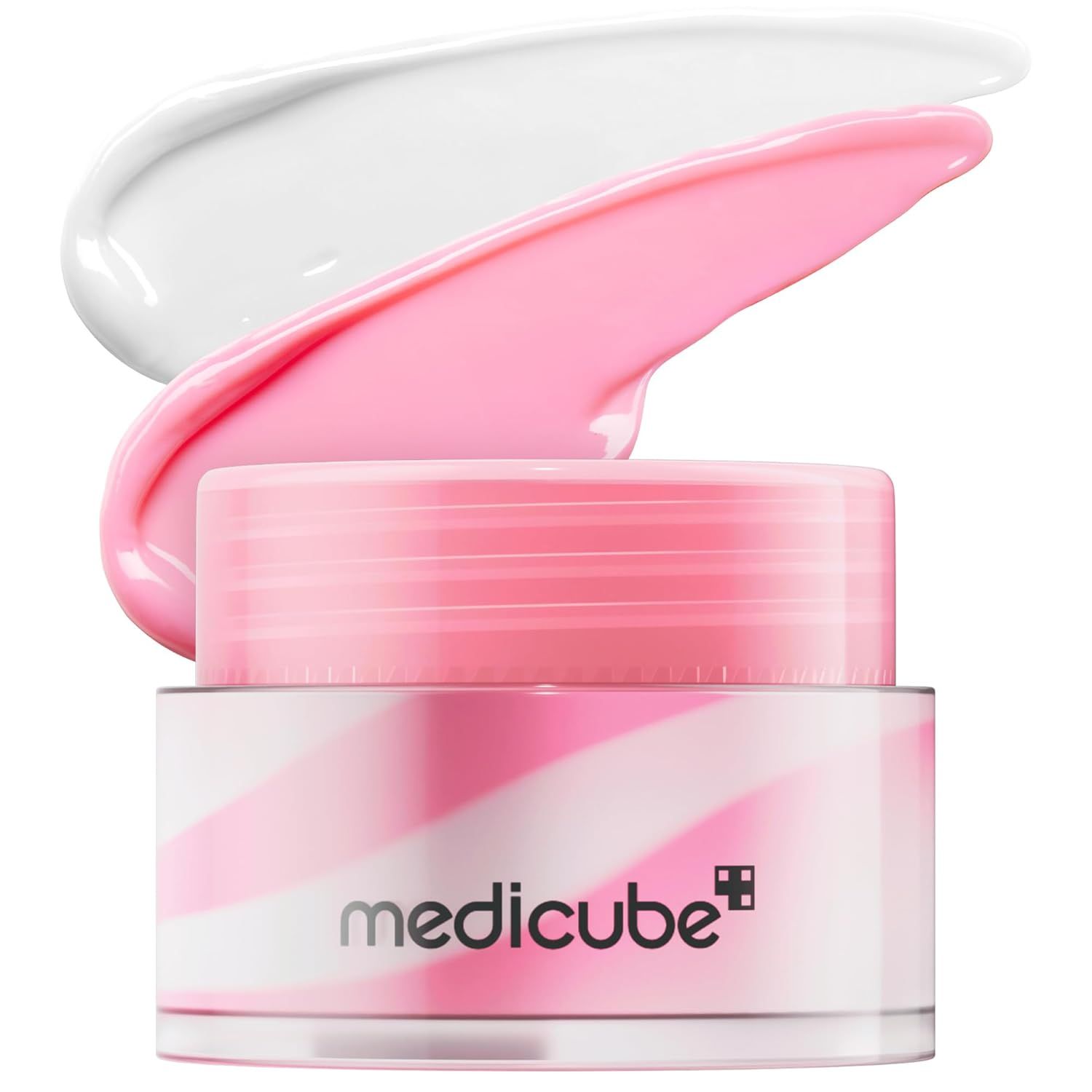 Rosa Lippenbalsam-Behälter mit rosa und weißen Streifen. Darüber rosa und weiße Produktproben.