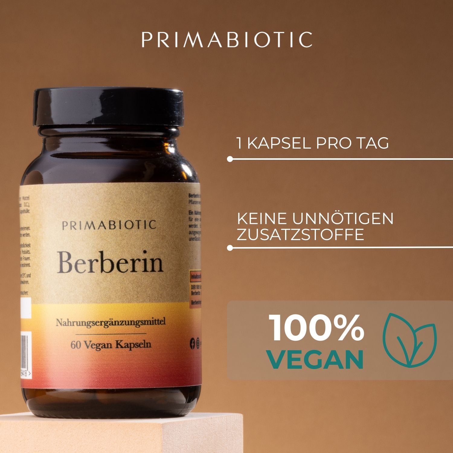 Braune Flasche mit schwarzem Deckel. Etikett mit "PRIMABIOTIC Berberin". Text: 1 Kapsel pro Tag, 100% vegan.