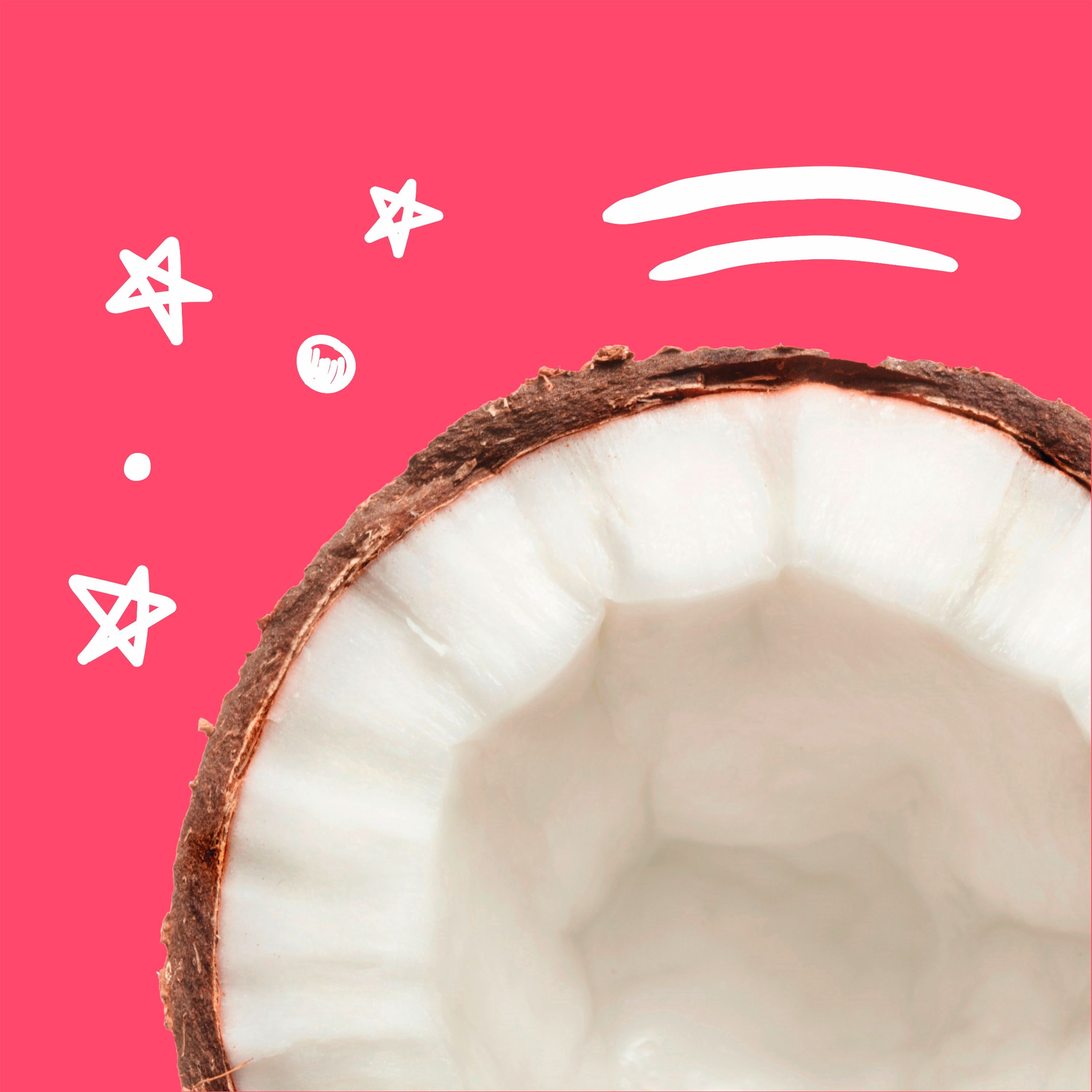 Kokosnuss-Hälfte mit weißem Fruchtfleisch, auf pinkfarbenem Hintergrund mit weißen Sternen und Linien.