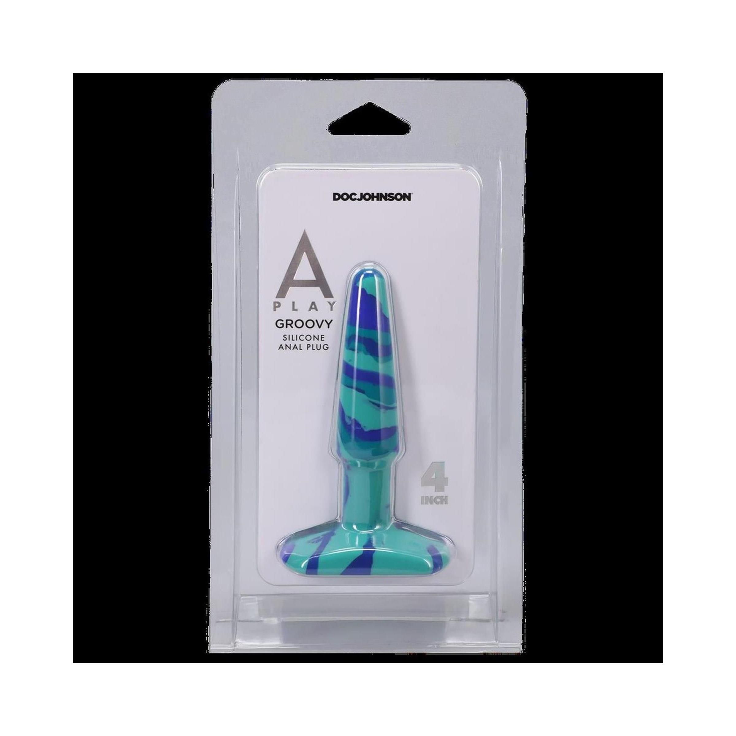 Analplug aus Silikon. Blau-türkis marmoriert. In Blisterverpackung. Marke: Doc Johnson. Aufschrift: Groovy, 4 inch.