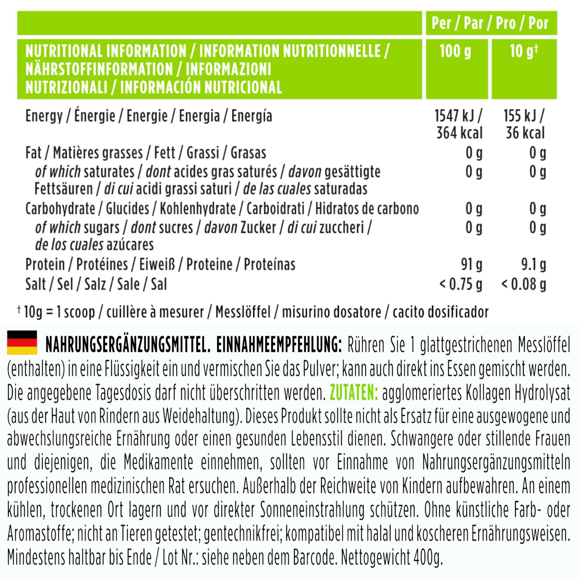 Nährwerttabelle. Text: Nährwertinformationen. 100g: 91g Protein. Empfehlung: 1 Messlöffel in Flüssigkeit mischen.