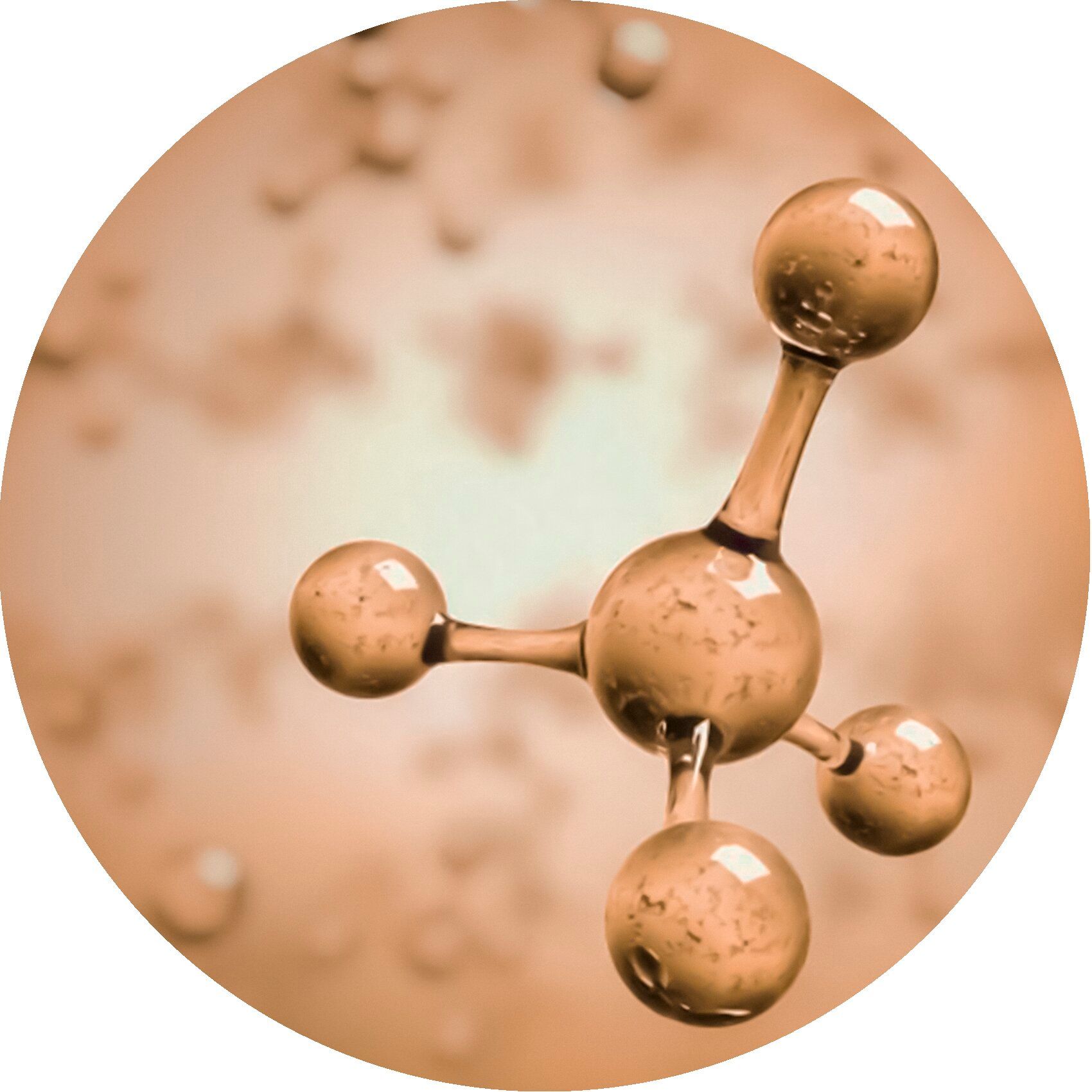 Abstraktes Bild einer Molekülstruktur. Mehrere Kugeln sind durch Stäbe verbunden. Hintergrund ist braun.