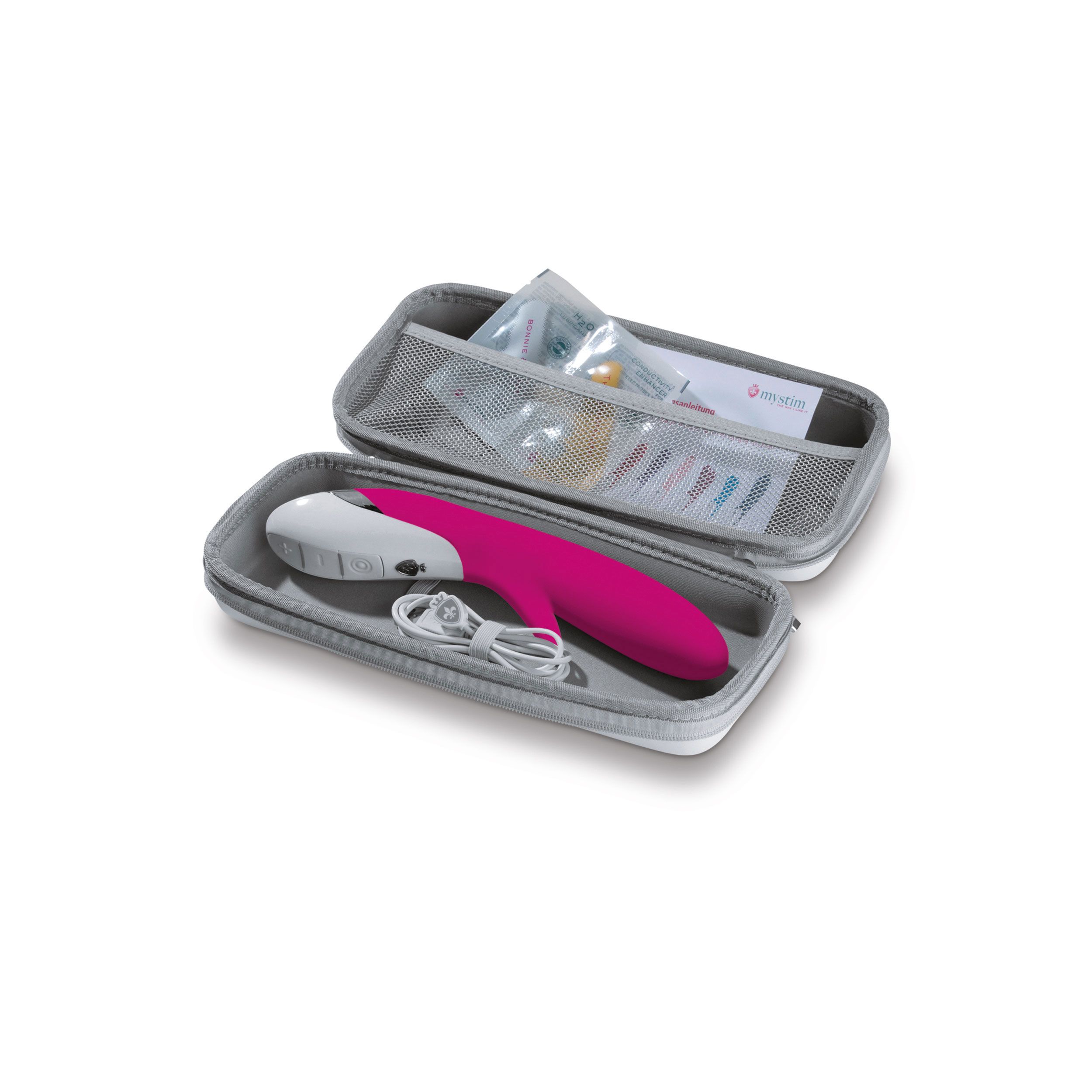 Wellness-Produkt in einer grauen Tasche. Enthält das Produkt, Kabel und Zubehör.