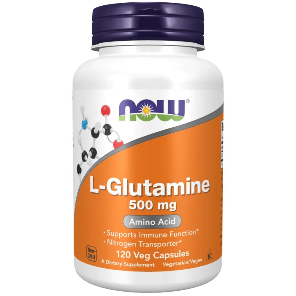 Weiße Flasche mit blauem Deckel. Aufschrift: L-Glutamin, 500 mg, Aminosäure. 120 Veg Capsules. Marke: NOW.