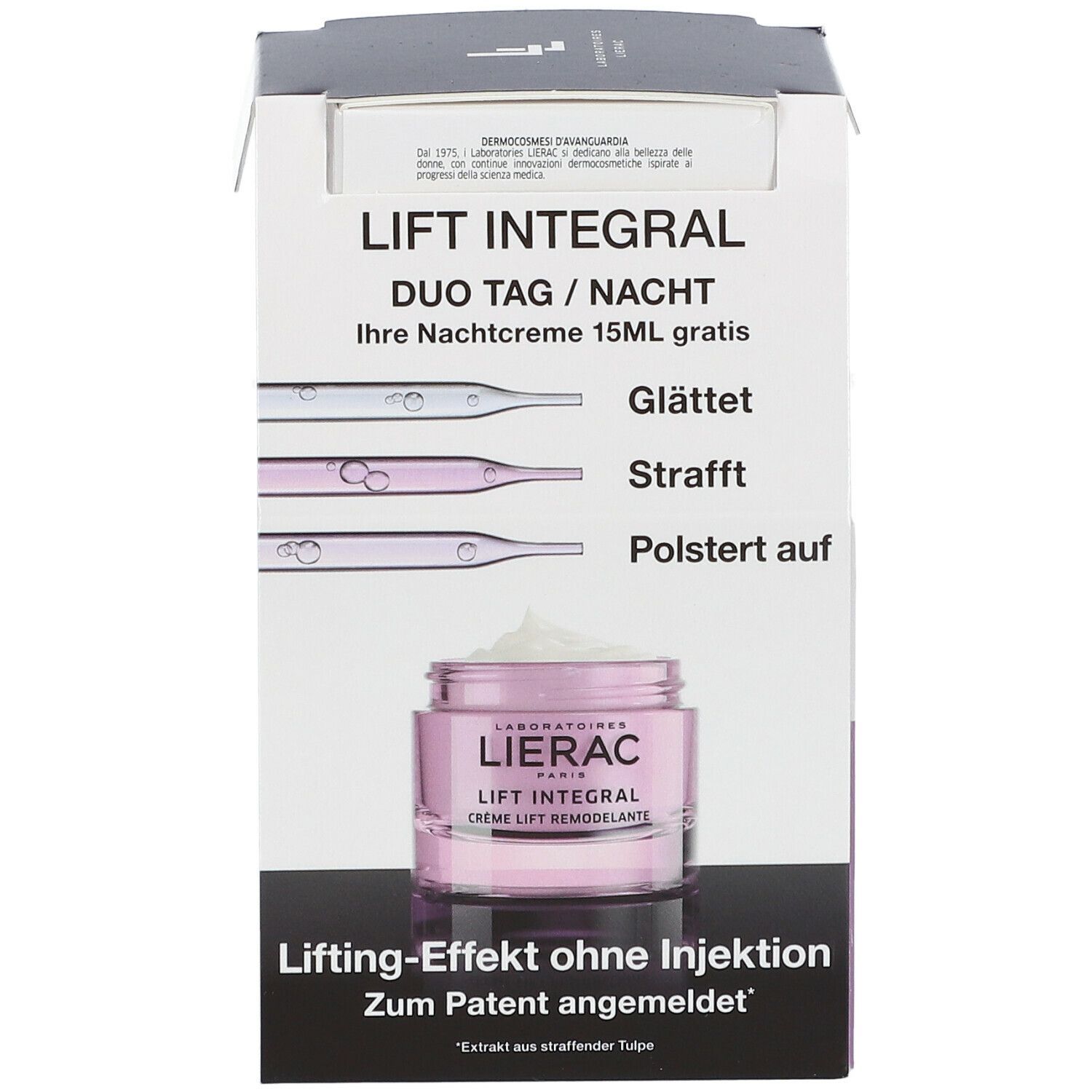 Verpackung mit LIERAC LIFT INTEGRAL Creme. Die Verpackung enthält eine Creme und eine kleinere Creme, mit Text und Produktnamen.