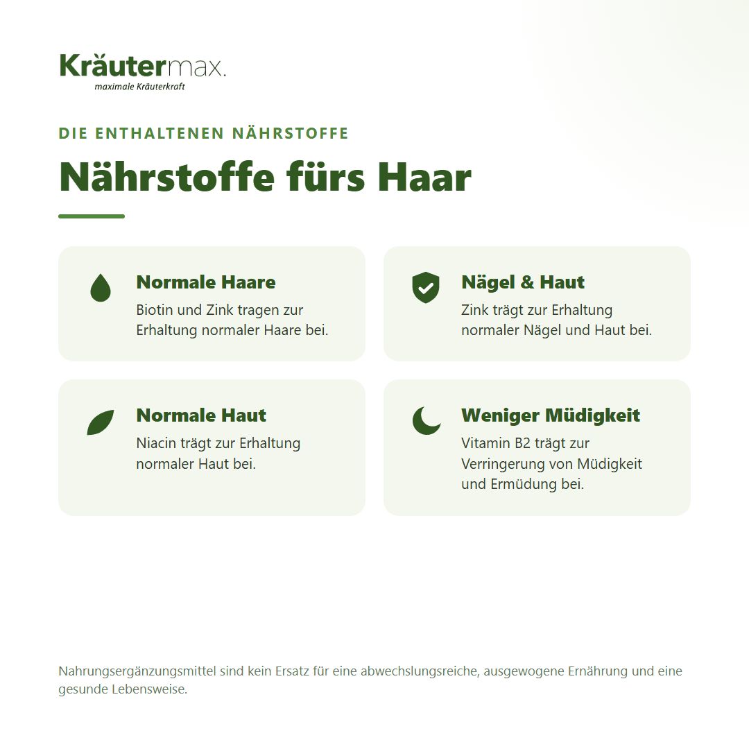Liste der Inhaltsstoffe von Kräutermax Haare plus Kapseln: Kieselerde, Hirse, Bockshornklee, Pantothensäure, Niacin, Zink, Vitamine B1, B2, B6, B12, Biotin.