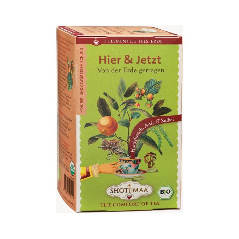 Karton mit Kräutertee. Aufschrift: Hier & Jetzt, Honigbusch, Anis & Salbei. Marke: Shoti Maa. Bio-Siegel.