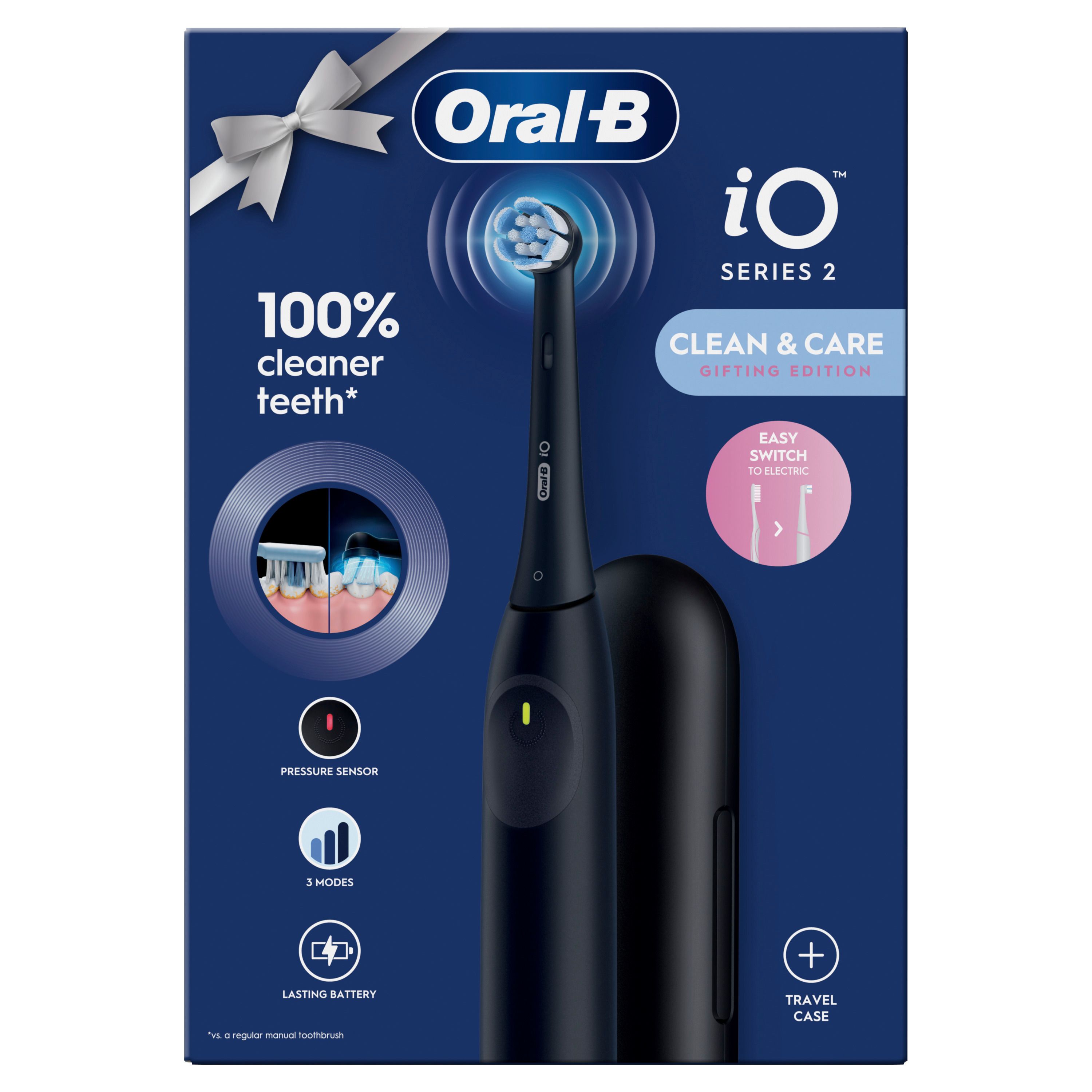 Verpackung der elektrischen Zahnbürste Oral-B iO Series 2. Produkt und Reiseetui abgebildet. Text: 100% cleaner teeth, Clean & Care, Easy Switch.