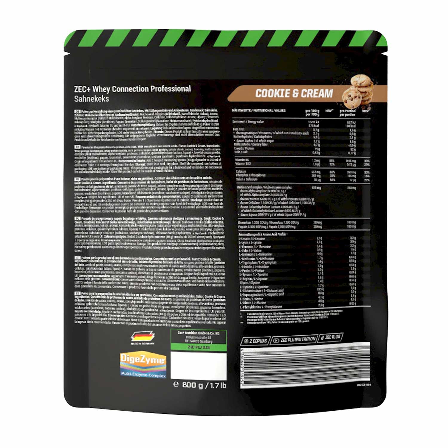 Rückseite der ZEC+ Whey Connection Professional Sahnekeks Verpackung. Enthält Nährwertangaben und Zutatenlisten. 800 g / 1.7 lb.