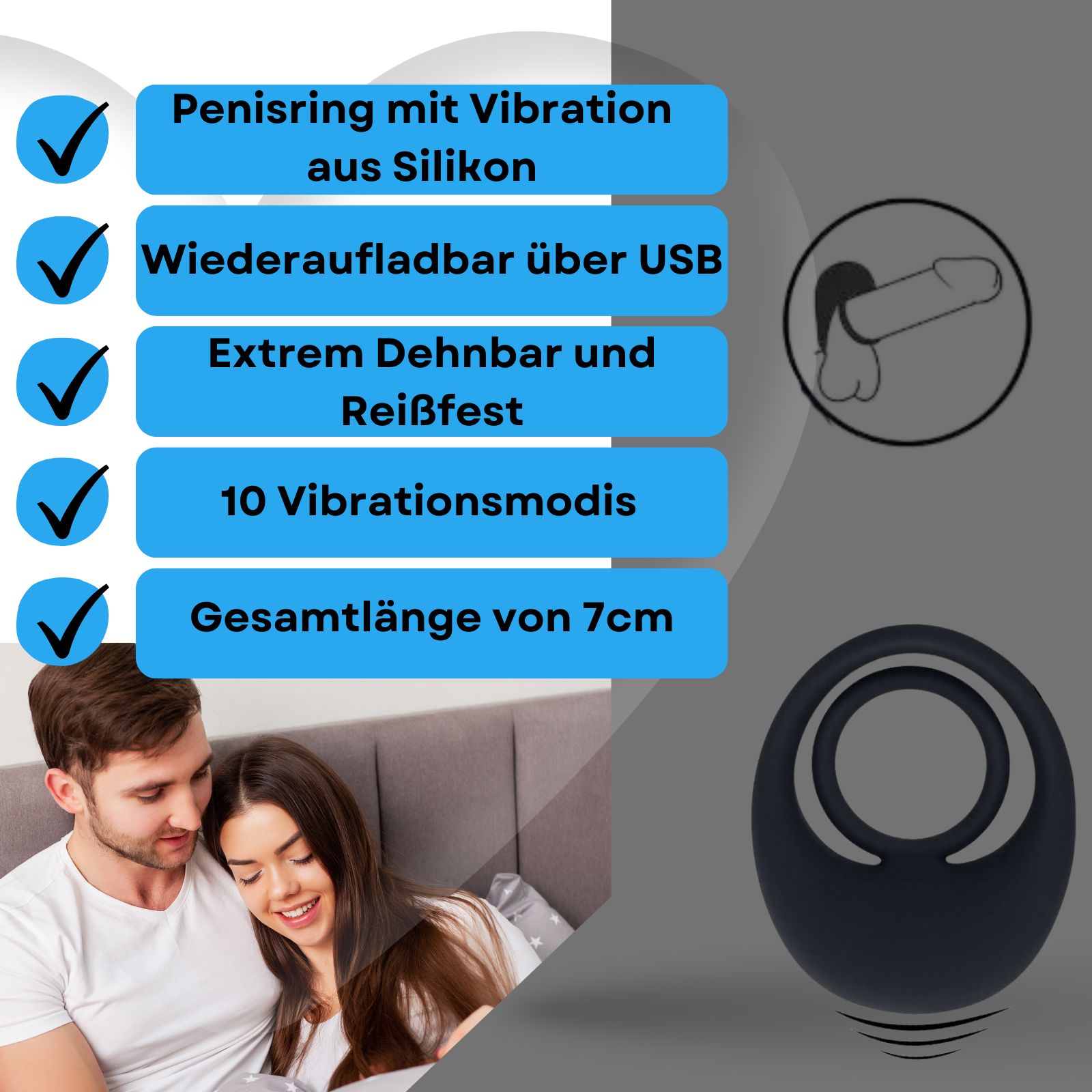 Werbetafel mit Produktmerkmalen und einem Paar. Penisring-Illustration.