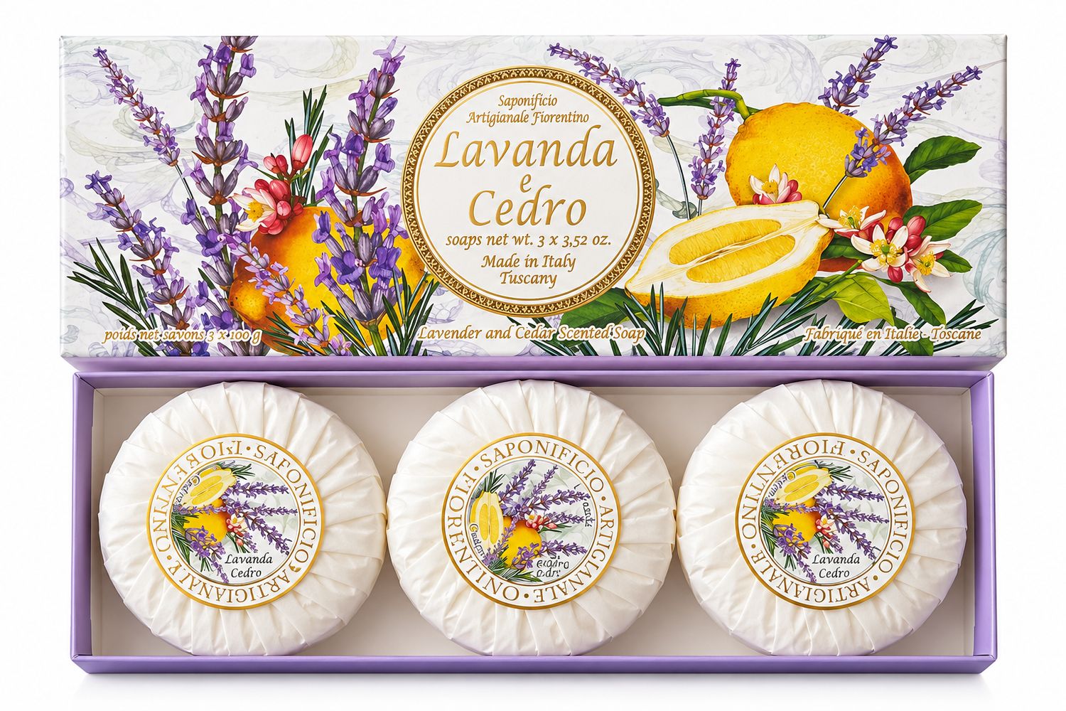 Saponificio Artigianale Fiorentino Lavendel & Zitrone Seifen Geschenkset – Made in Italy 300 g