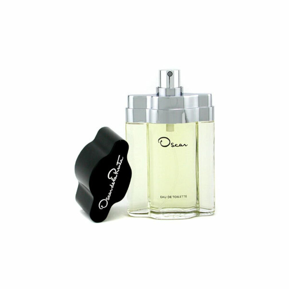 Flakon mit silbernem Zerstäuber und schwarzem Deckel. Aufschrift "Oscar". Deckel daneben. "Eau de Toilette".