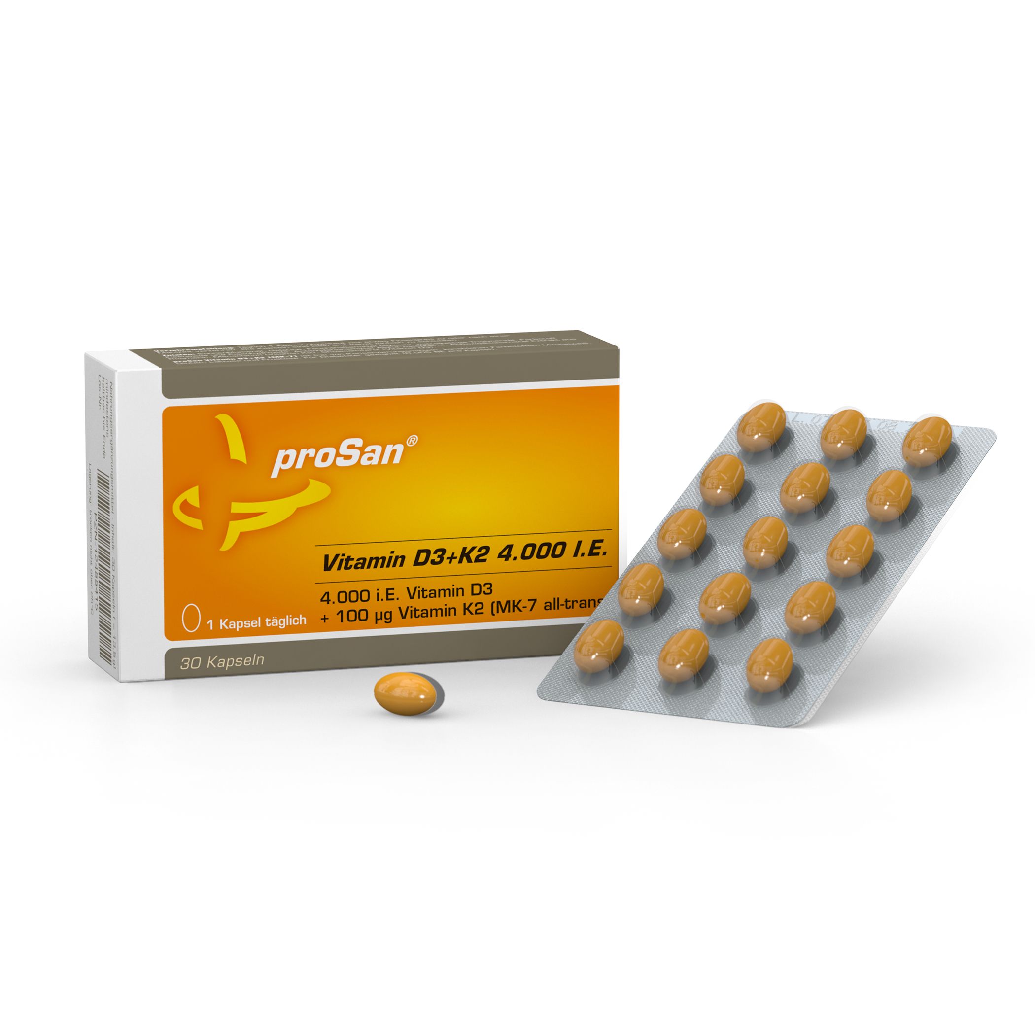 proSan Vitamin D3+K2 4.000 I.E. Packung und Kapseln. Enthält 30 Kapseln. Kapseln in Blisterpackung.