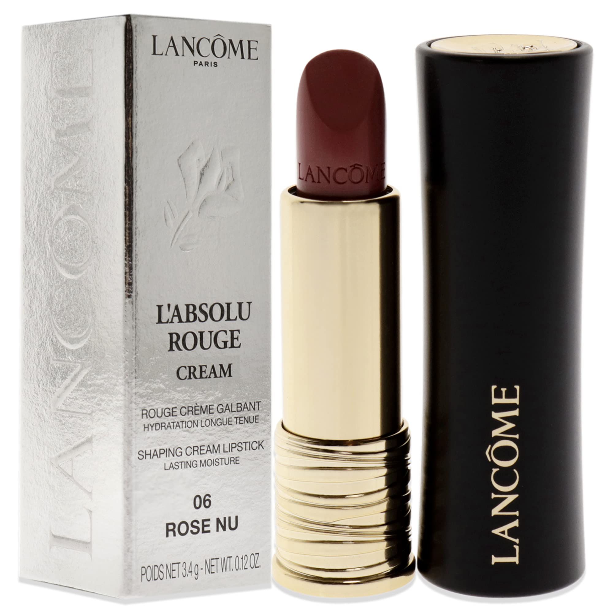 Lippenstift mit goldfarbenem Gehäuse, schwarzer Kappe und Verpackung. Auf der Verpackung steht 'L'Absolu Rouge Cream' und '06 Rose Nu'.