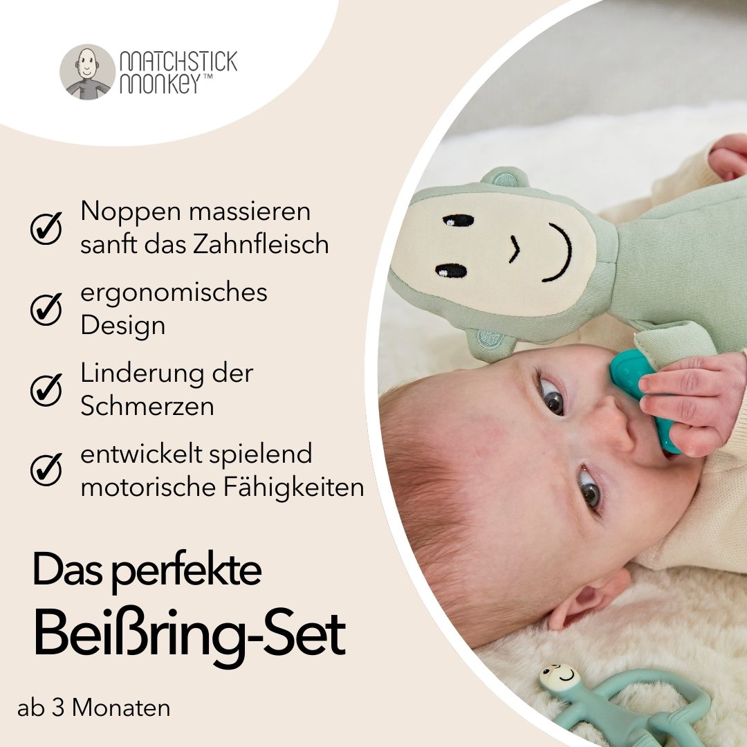 Matchstick Monkey Geschenkset – Beißring & Plüschtier mit Beißapplikation