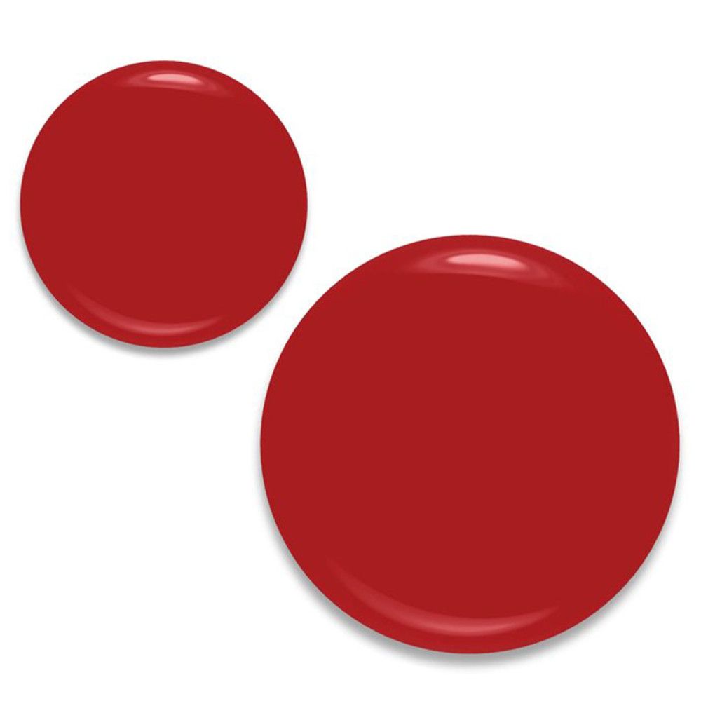 Zwei runde, rote Farbmuster. Glänzende Oberfläche. Kleineres Muster oben links.