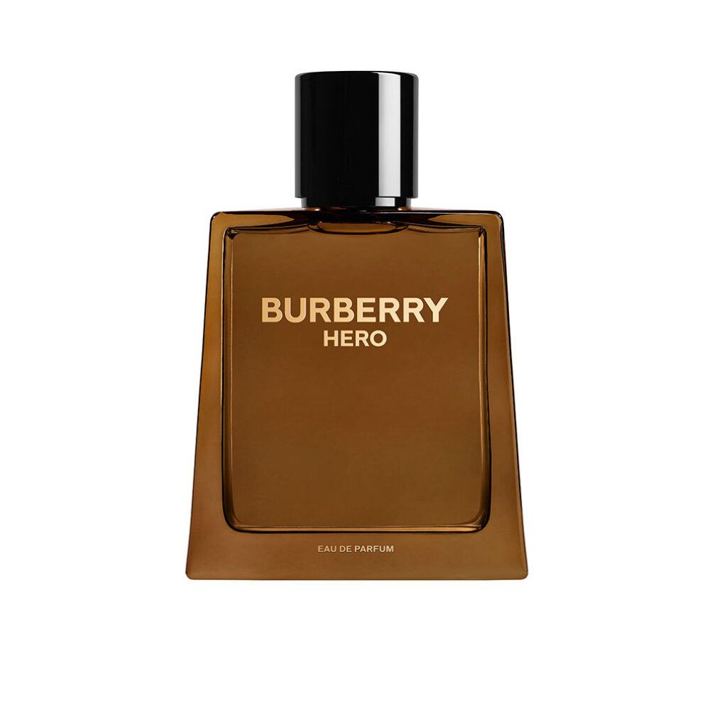 Burberry Hero E.d.P. Nat. Spray. Eckiger Flakon, braunes Glas, schwarzer Deckel. Goldener Schriftzug.