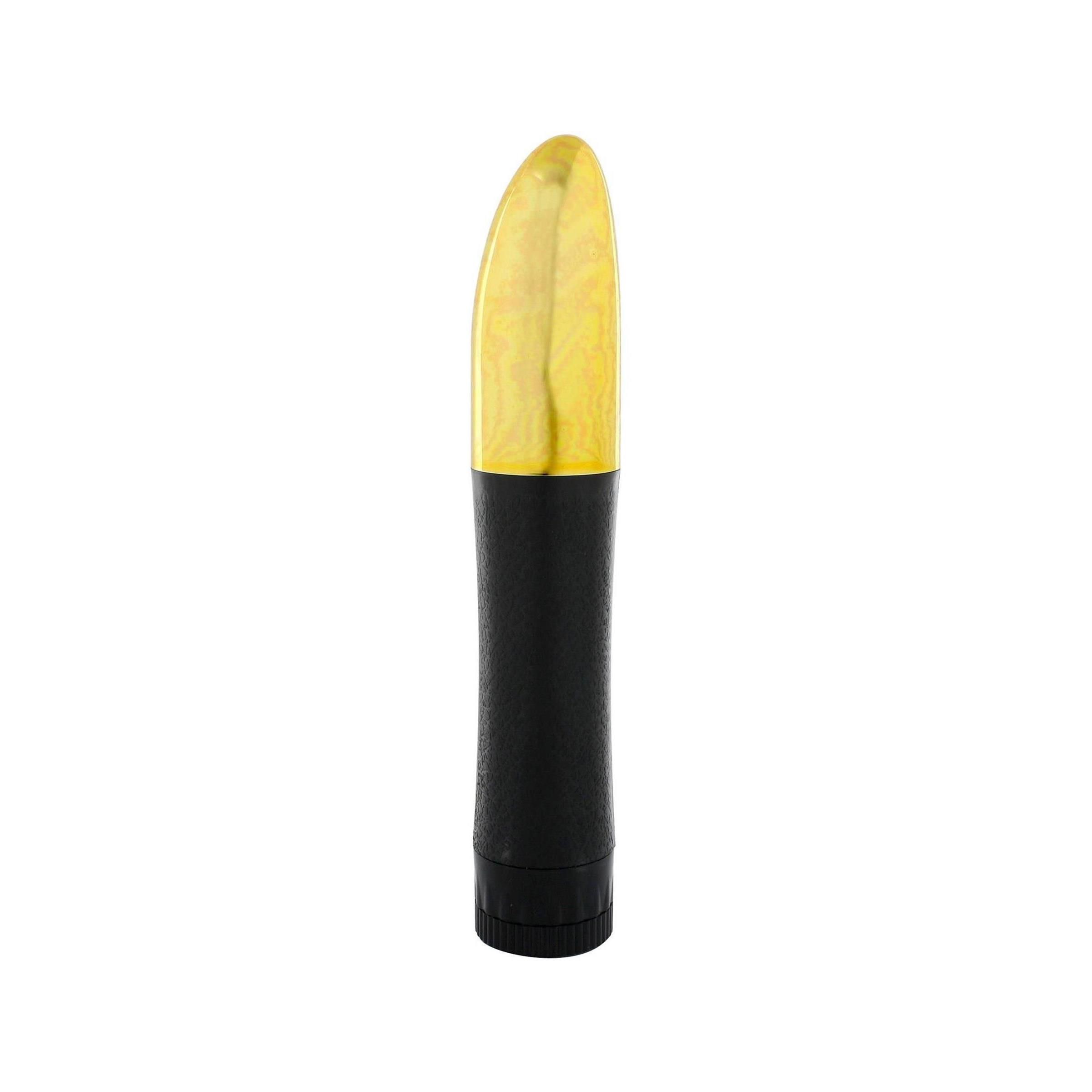 Schwarzer Vibrator mit goldfarbener Spitze. Zylindrische Form.