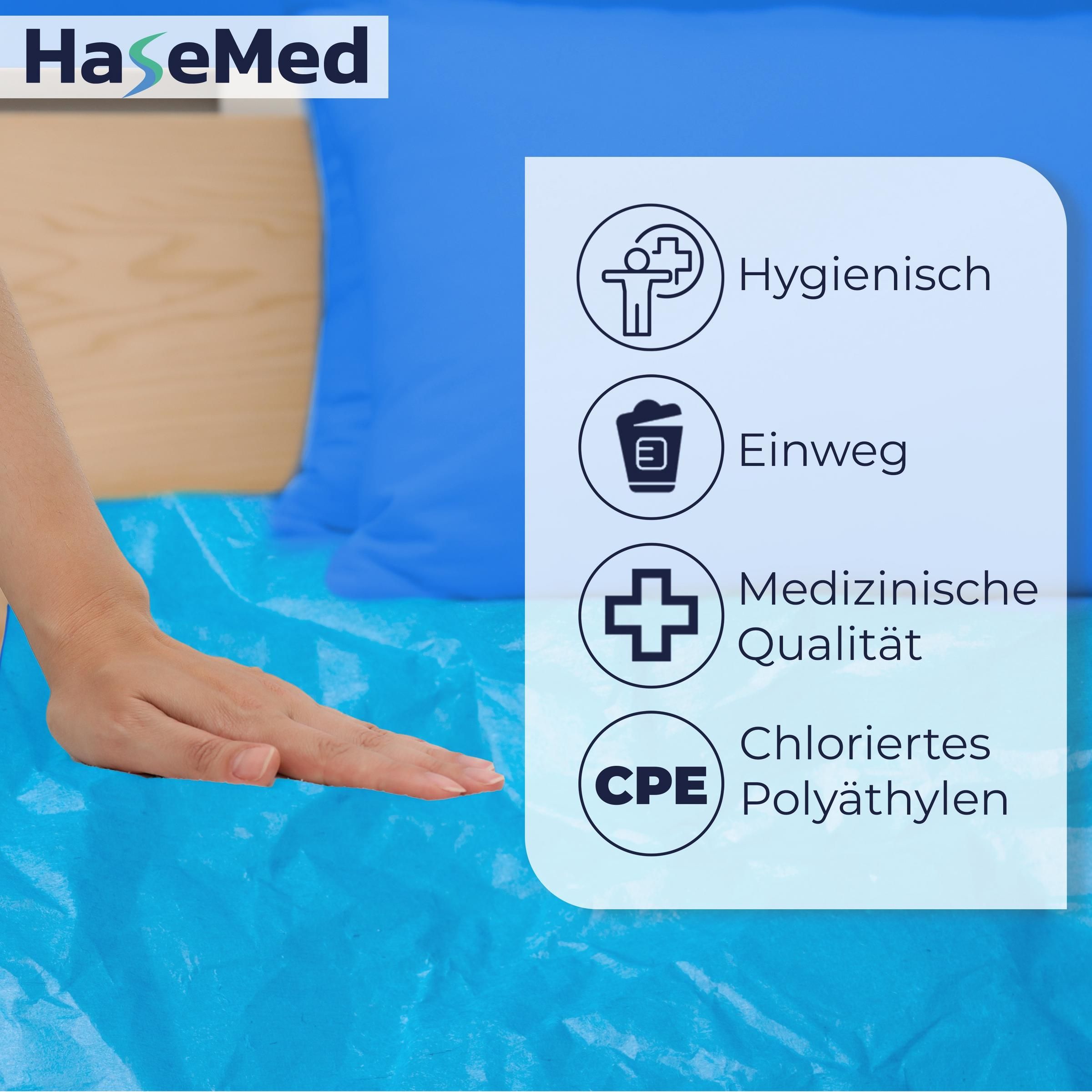 Blauer Matratzenschoner mit Texten: Hygienisch, Einweg, Medizinische Qualität, Chloriertes Polyäthylen.