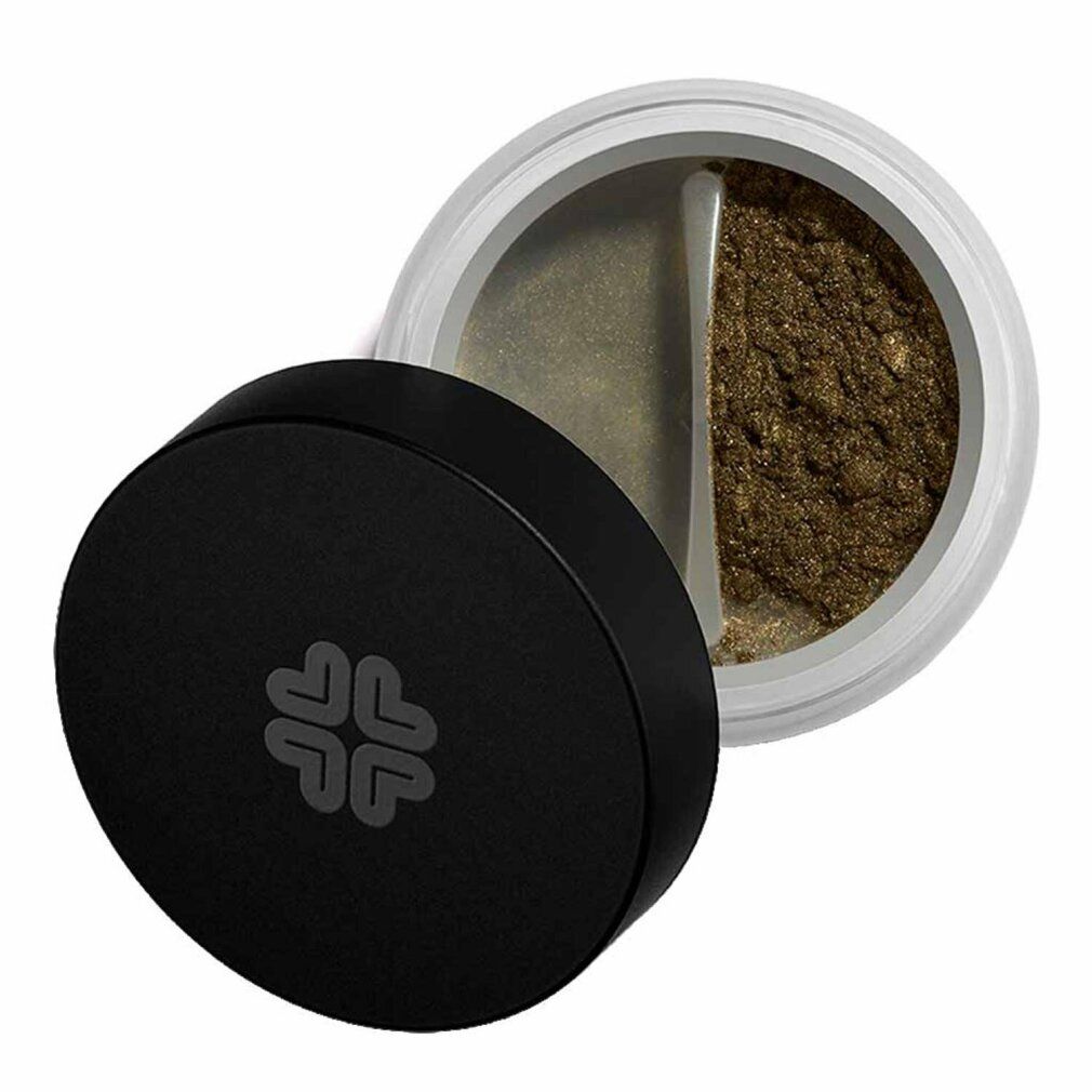 Runder, offener Behälter mit braunem Lidschatten. Schwarzer Deckel mit Logo daneben.