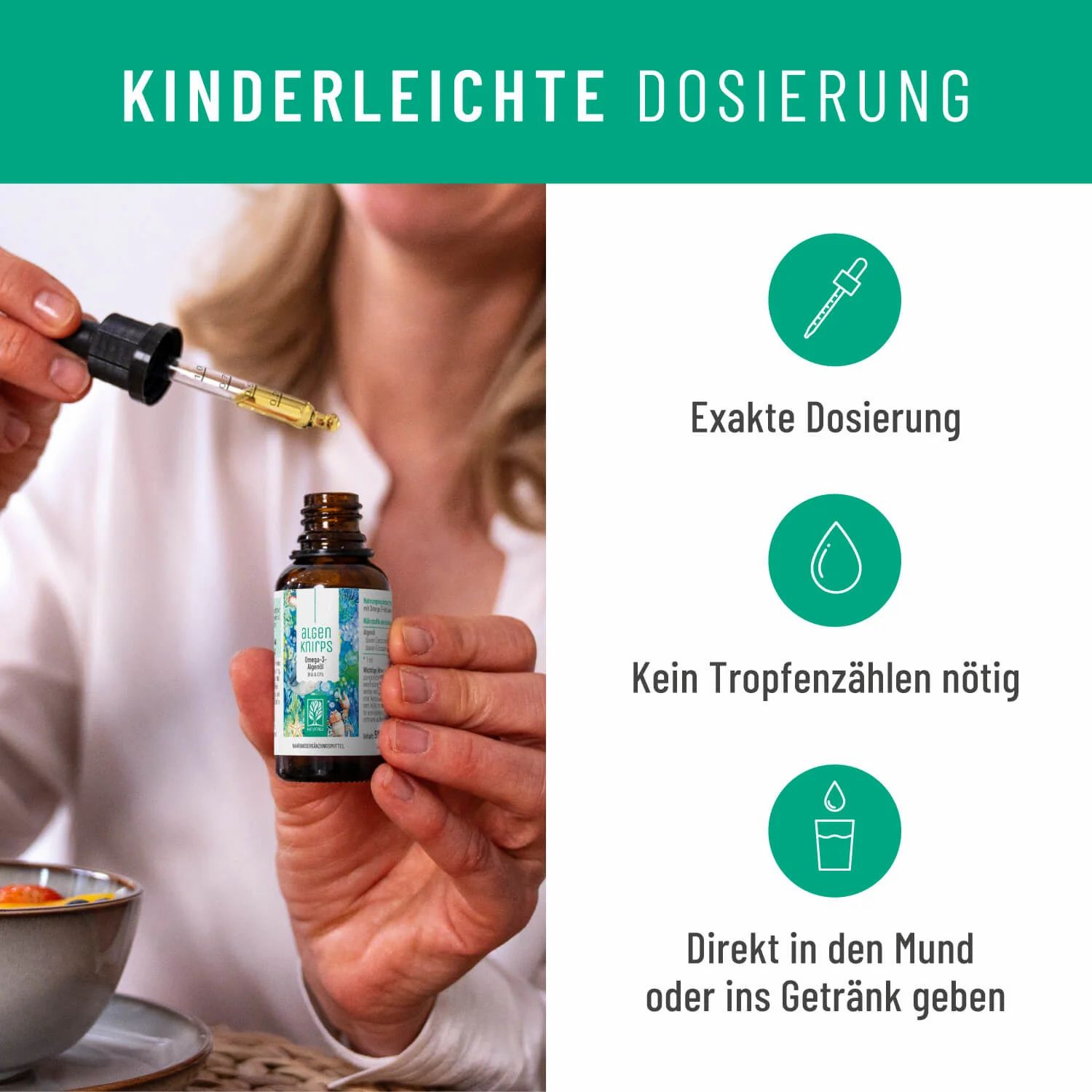 Flasche Algenknirps Omega-3 Algenöl mit Pipette, mit Orangen- und Meeresmotiv.