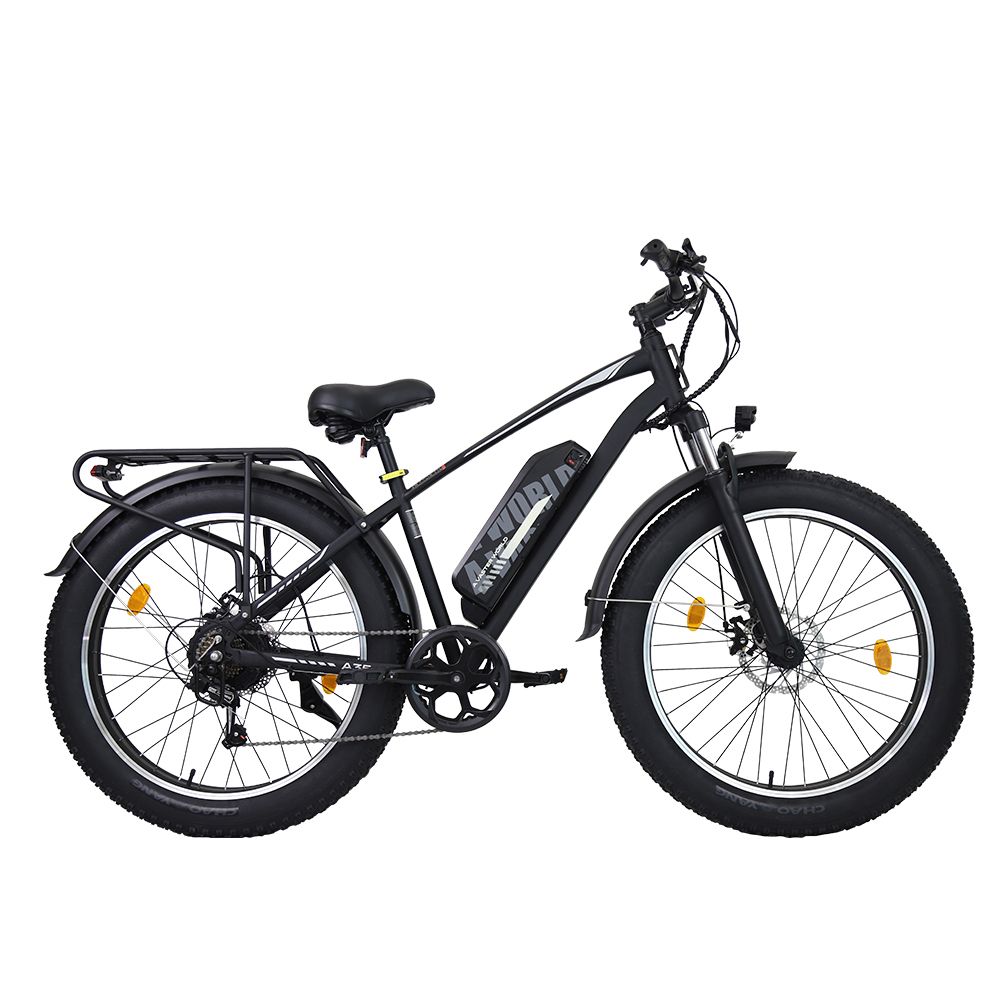 Schwarzes E-Bike mit breiten Reifen. Gepäckträger, Kotflügel, Scheibenbremsen, Frontscheinwerfer und Akku sichtbar.