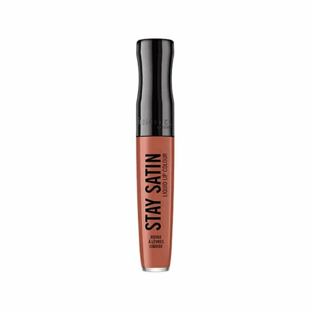Verschlossener, flüssiger Lippenstift. Schwarzer Deckel. Aufschrift: Stay Satin, Rouge à Lèvres Liquide.